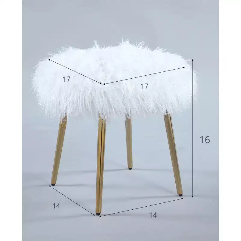 Homy Casa Glam Vanity Stool with Faux Fur Seat & Gold Metal Legs, White