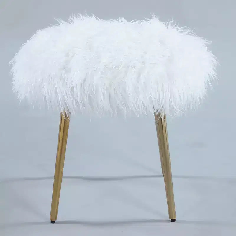 Homy Casa Glam Vanity Stool with Faux Fur Seat & Gold Metal Legs, White