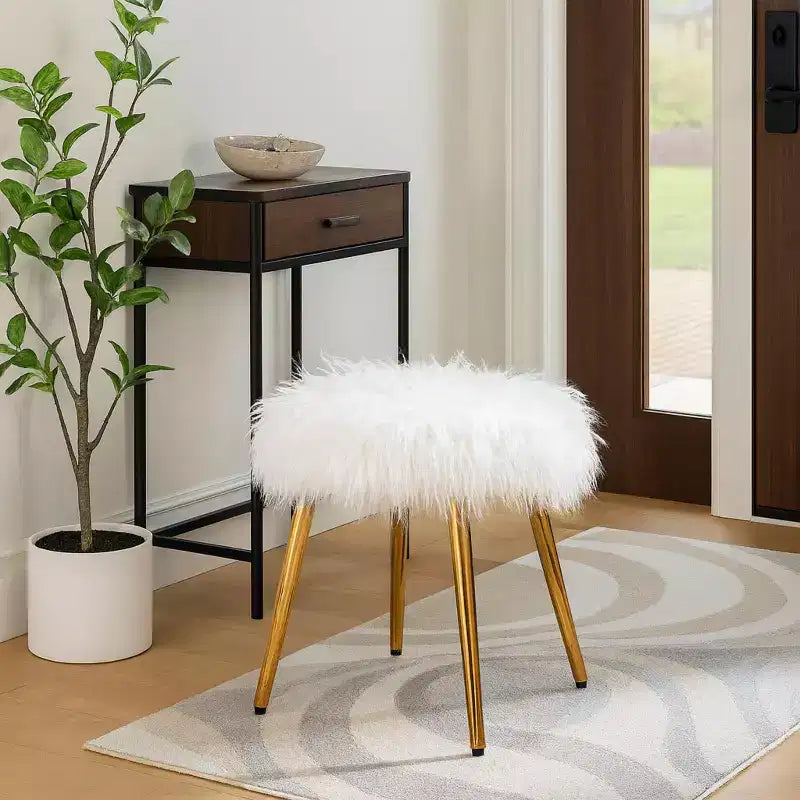 Homy Casa Glam Vanity Stool with Faux Fur Seat & Gold Metal Legs, White