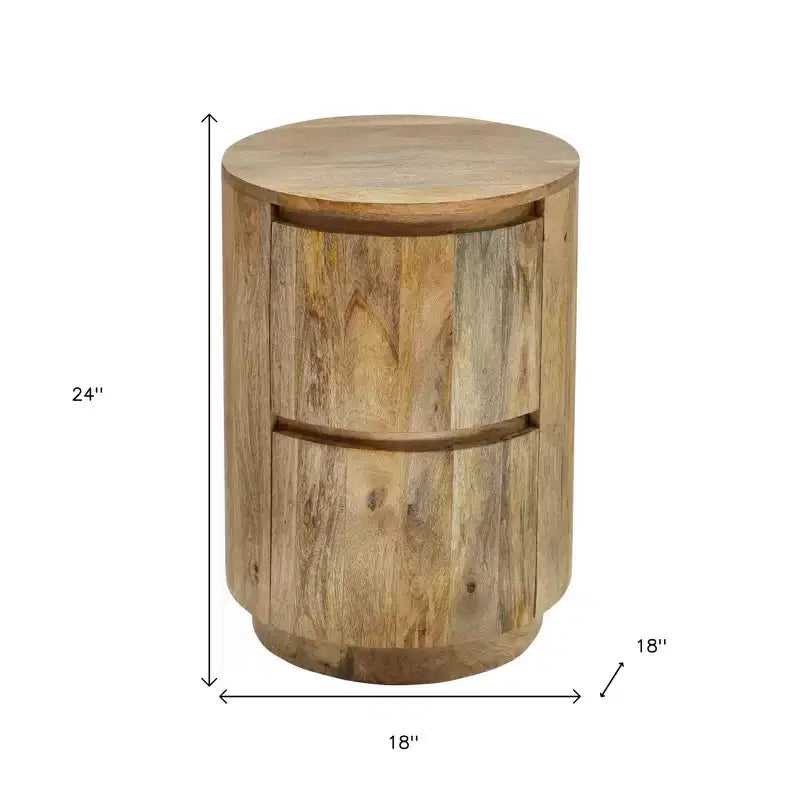 HomeRoots 24 Natural Solid Wood Round Drum End Table With Two Drawers