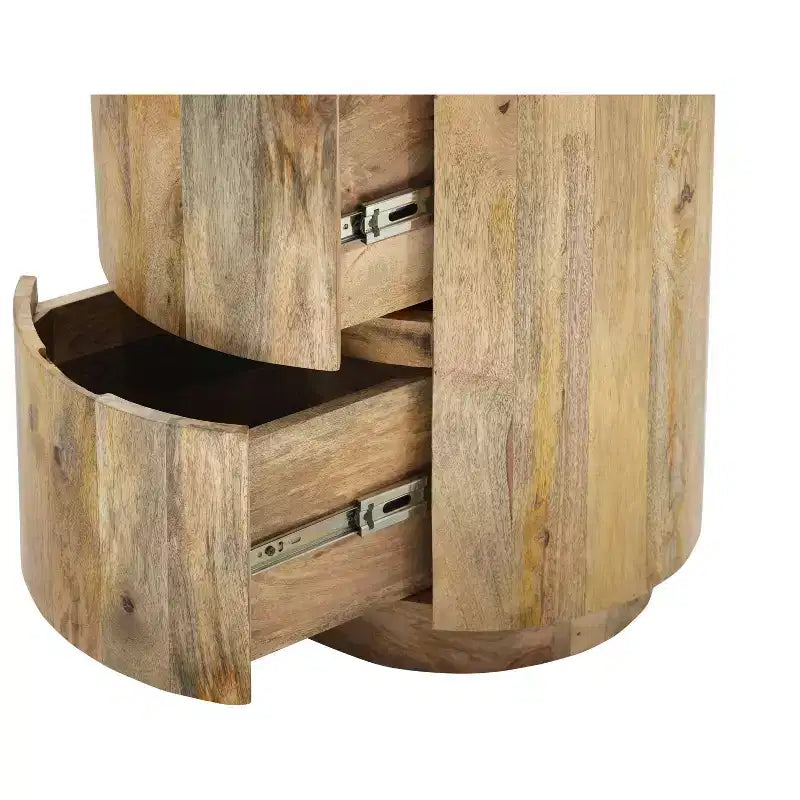 HomeRoots 24 Natural Solid Wood Round Drum End Table With Two Drawers