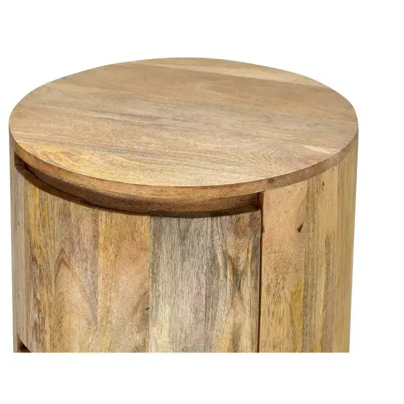 HomeRoots 24 Natural Solid Wood Round Drum End Table With Two Drawers