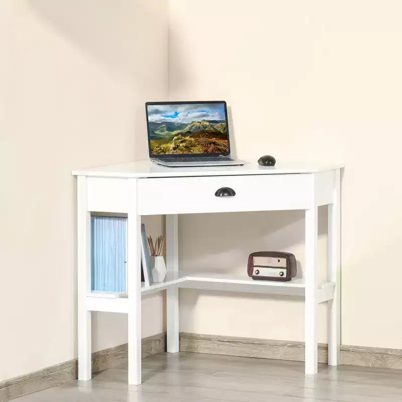GDFStudio Gabriel Modern Corner Computer Desk with Drawer and Lower Shelves