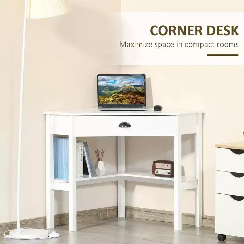 GDFStudio Gabriel Modern Corner Computer Desk with Drawer and Lower Shelves