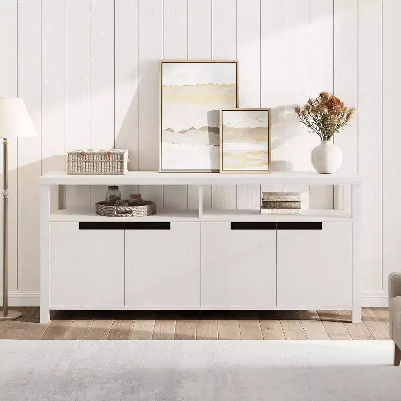 63 Farmhouse TV Console - Rustic Entertainment Center with 4 Doors & Open Shelving for Living Room