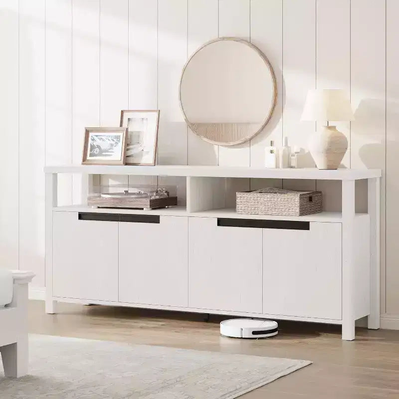63 Farmhouse TV Console - Rustic Entertainment Center with 4 Doors & Open Shelving for Living Room