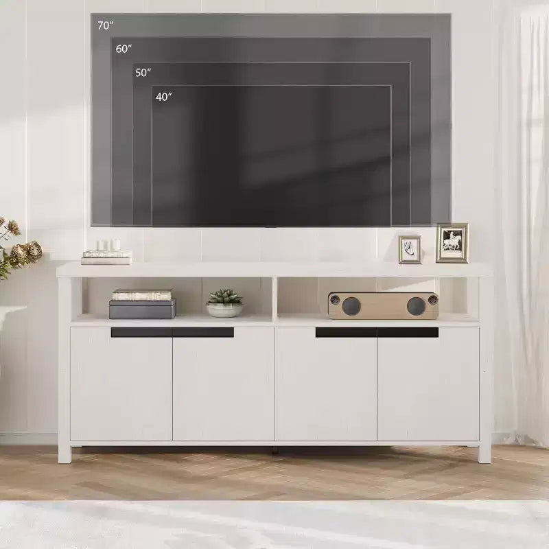63 Farmhouse TV Console - Rustic Entertainment Center with 4 Doors & Open Shelving for Living Room