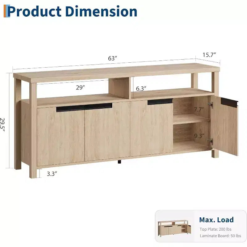 63 Farmhouse TV Console - Rustic Entertainment Center with 4 Doors & Open Shelving for Living Room