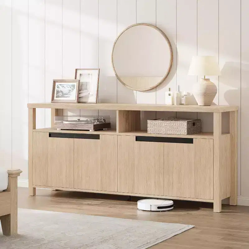 63 Farmhouse TV Console - Rustic Entertainment Center with 4 Doors & Open Shelving for Living Room