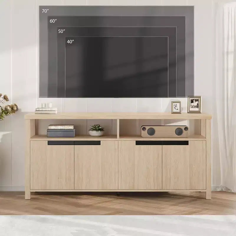 63 Farmhouse TV Console - Rustic Entertainment Center with 4 Doors & Open Shelving for Living Room