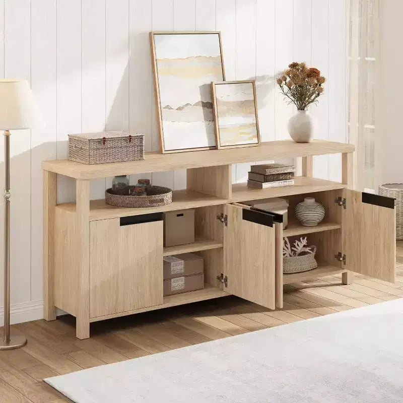 63 Farmhouse TV Console - Rustic Entertainment Center with 4 Doors & Open Shelving for Living Room