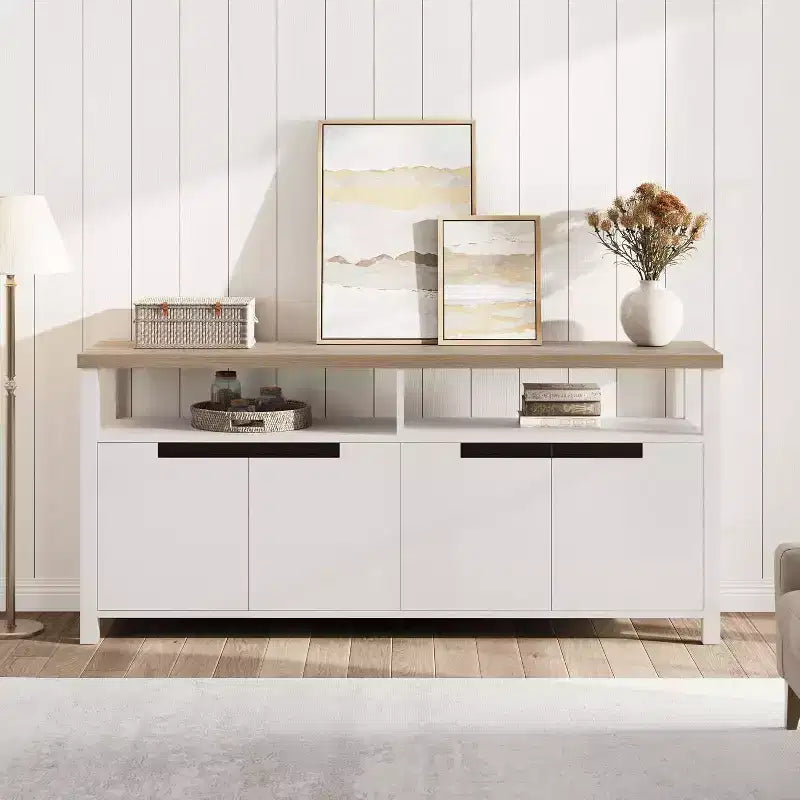 63 Farmhouse TV Console - Rustic Entertainment Center with 4 Doors & Open Shelving for Living Room