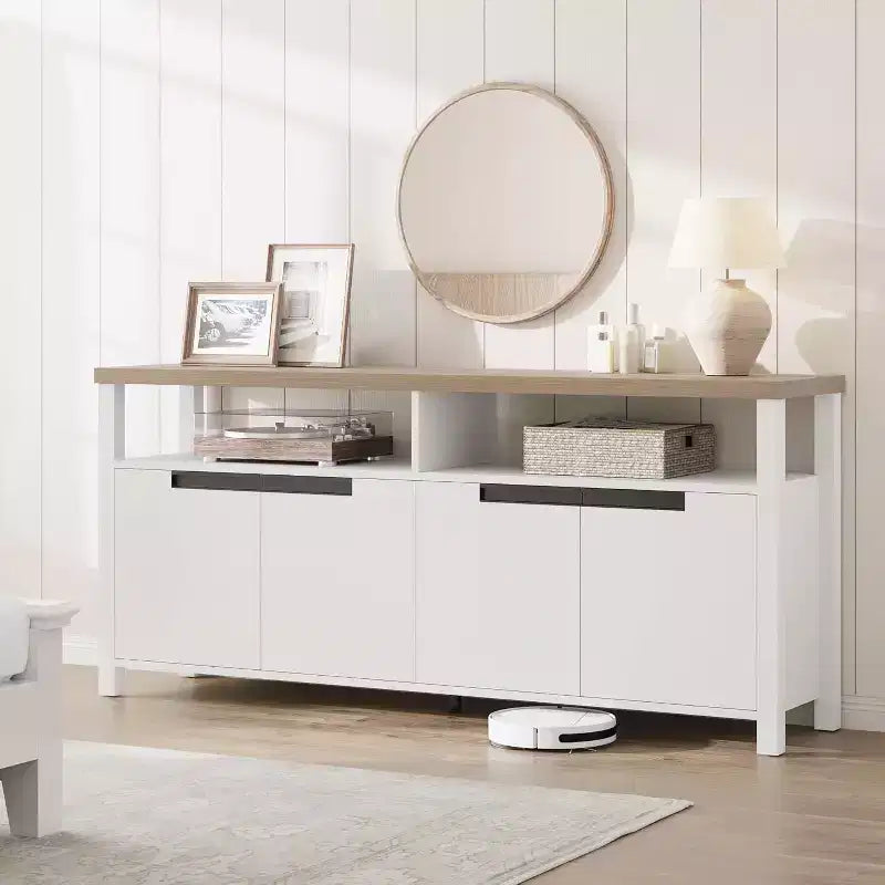 63 Farmhouse TV Console - Rustic Entertainment Center with 4 Doors & Open Shelving for Living Room