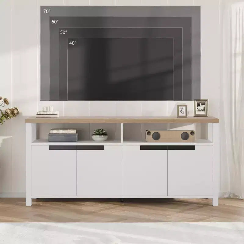 63 Farmhouse TV Console - Rustic Entertainment Center with 4 Doors & Open Shelving for Living Room