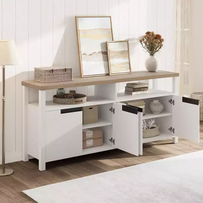 63 Farmhouse TV Console - Rustic Entertainment Center with 4 Doors & Open Shelving for Living Room