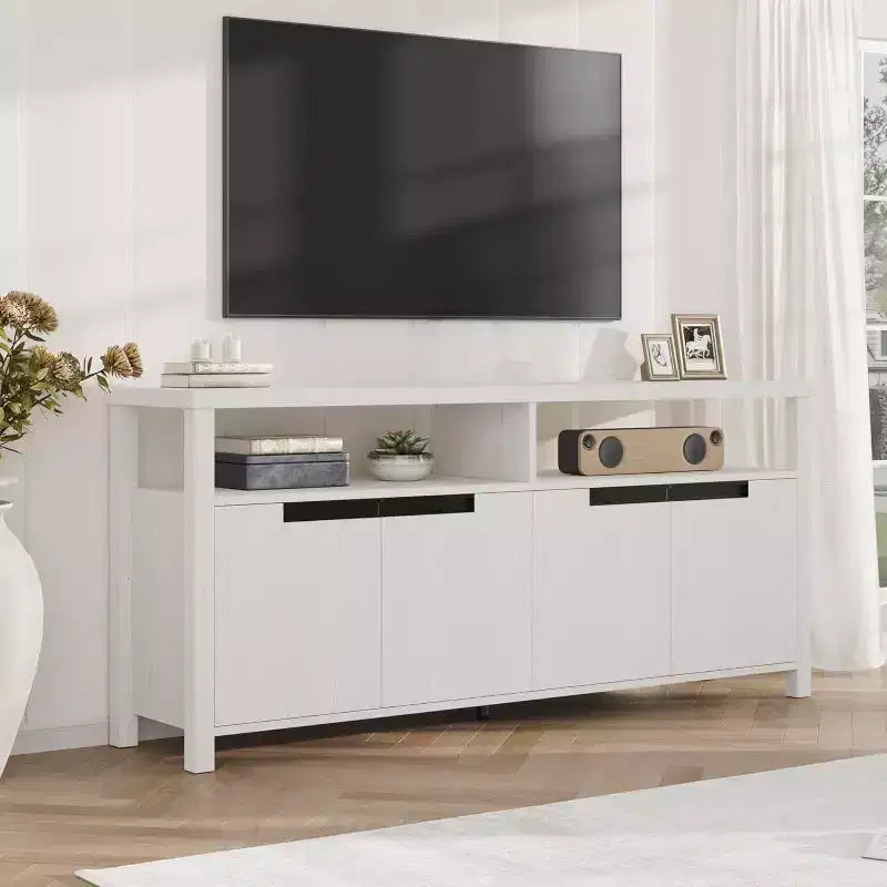 63 Farmhouse TV Console - Rustic Entertainment Center with 4 Doors & Open Shelving for Living Room