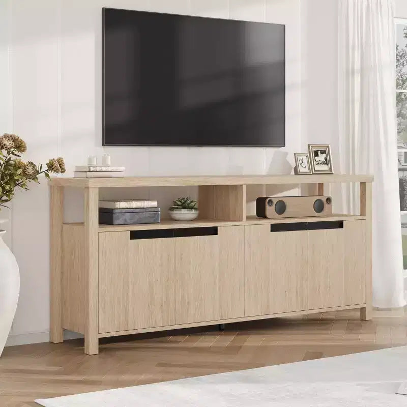 63 Farmhouse TV Console - Rustic Entertainment Center with 4 Doors & Open Shelving for Living Room