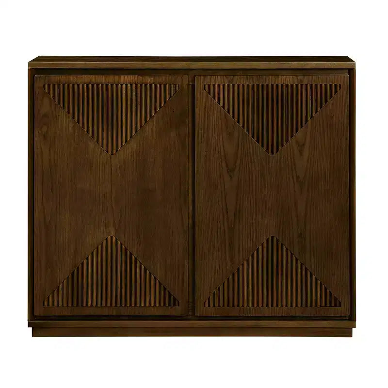 Mid-Century Modern V-Shape Storage Cabinet, Narrow Buffet Sideboard with Outlet Holes, Fluted Doors & Solid Wood Base for Living Room