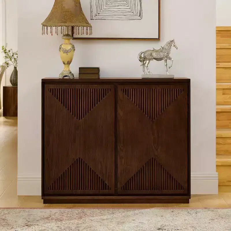 Mid-Century Modern V-Shape Storage Cabinet, Narrow Buffet Sideboard with Outlet Holes, Fluted Doors & Solid Wood Base for Living Room