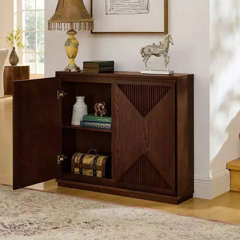 Mid-Century Modern V-Shape Storage Cabinet, Narrow Buffet Sideboard with Outlet Holes, Fluted Doors & Solid Wood Base for Living Room