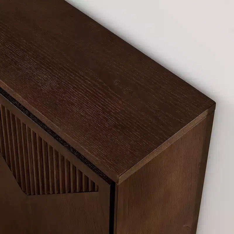 Mid-Century Modern V-Shape Storage Cabinet, Narrow Buffet Sideboard with Outlet Holes, Fluted Doors & Solid Wood Base for Living Room