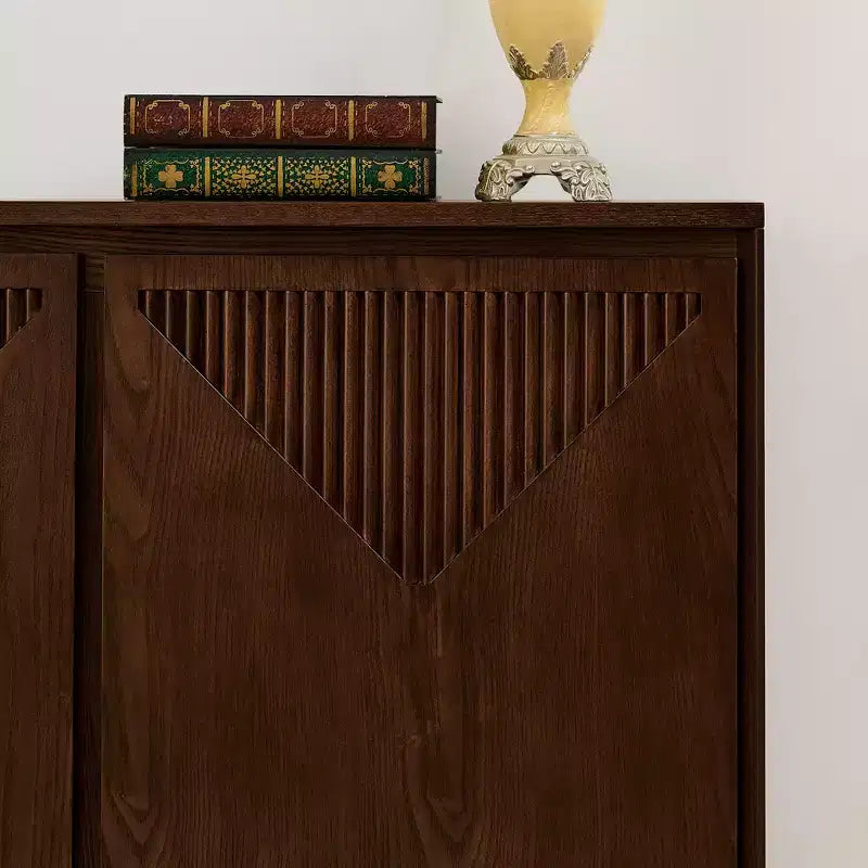 Mid-Century Modern V-Shape Storage Cabinet, Narrow Buffet Sideboard with Outlet Holes, Fluted Doors & Solid Wood Base for Living Room