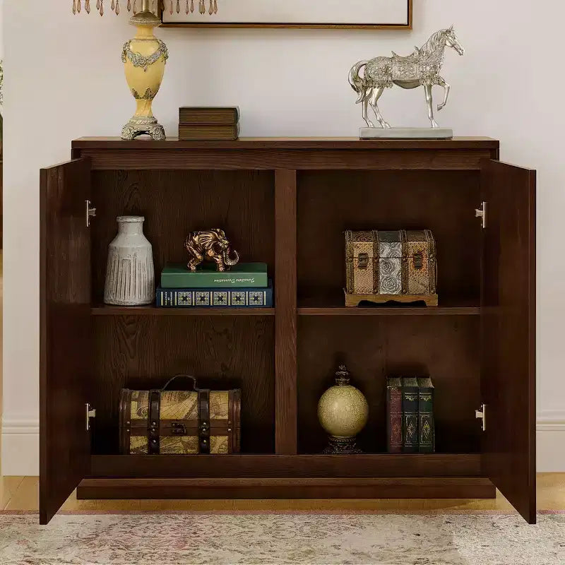 Mid-Century Modern V-Shape Storage Cabinet, Narrow Buffet Sideboard with Outlet Holes, Fluted Doors & Solid Wood Base for Living Room