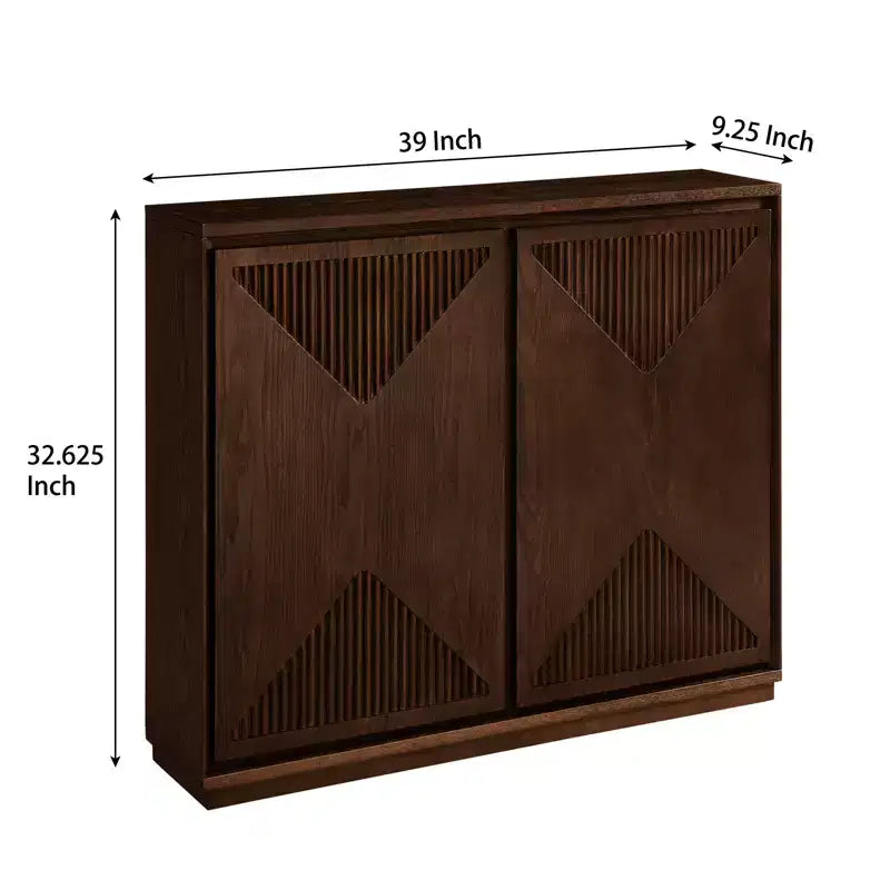 Mid-Century Modern V-Shape Storage Cabinet, Narrow Buffet Sideboard with Outlet Holes, Fluted Doors & Solid Wood Base for Living Room