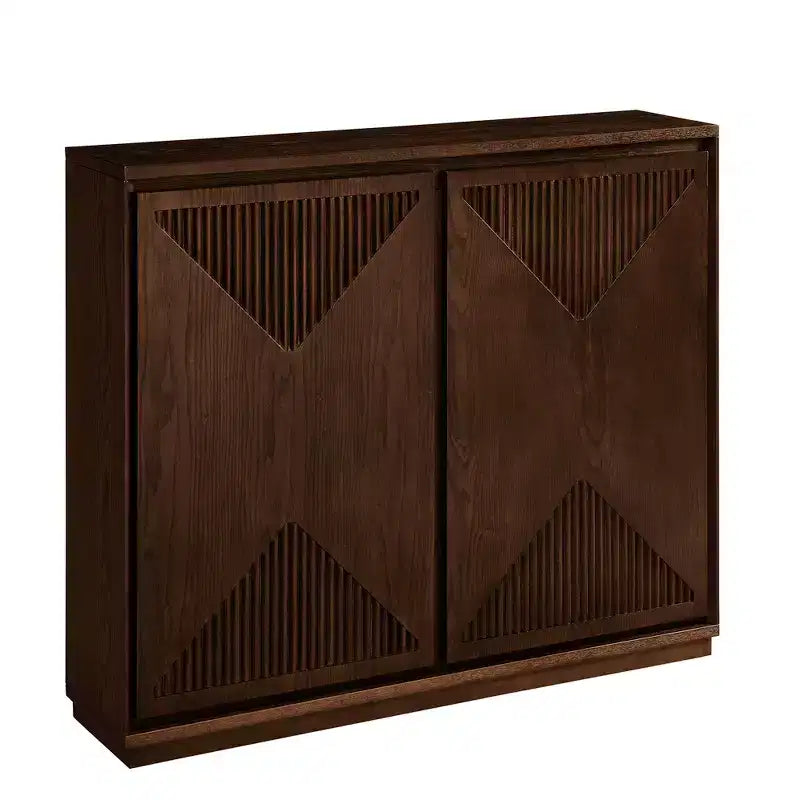 Mid-Century Modern V-Shape Storage Cabinet, Narrow Buffet Sideboard with Outlet Holes, Fluted Doors & Solid Wood Base for Living Room