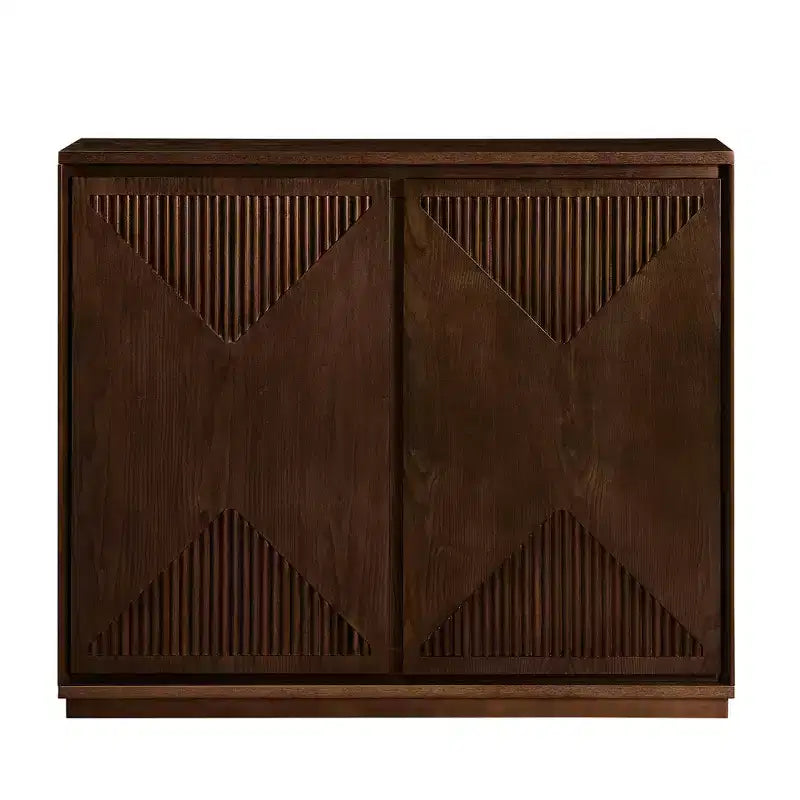 Mid-Century Modern V-Shape Storage Cabinet, Narrow Buffet Sideboard with Outlet Holes, Fluted Doors & Solid Wood Base for Living Room