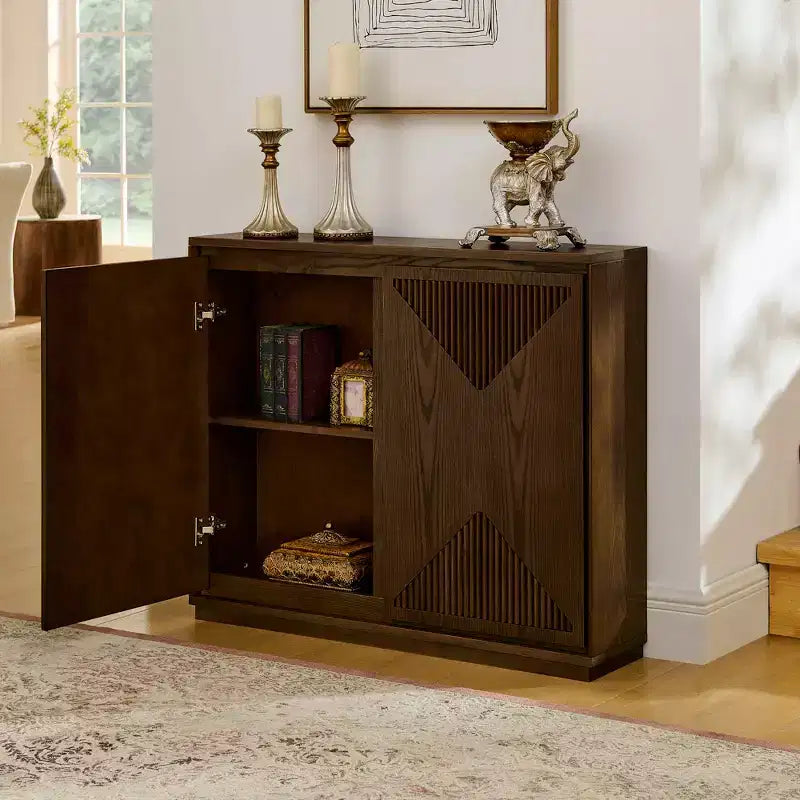 Mid-Century Modern V-Shape Storage Cabinet, Narrow Buffet Sideboard with Outlet Holes, Fluted Doors & Solid Wood Base for Living Room