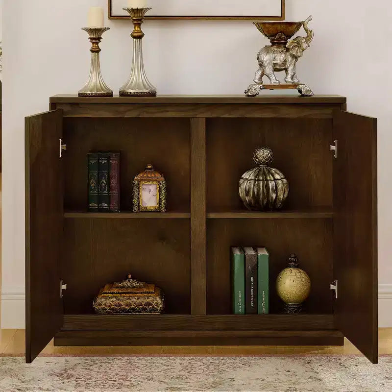 Mid-Century Modern V-Shape Storage Cabinet, Narrow Buffet Sideboard with Outlet Holes, Fluted Doors & Solid Wood Base for Living Room