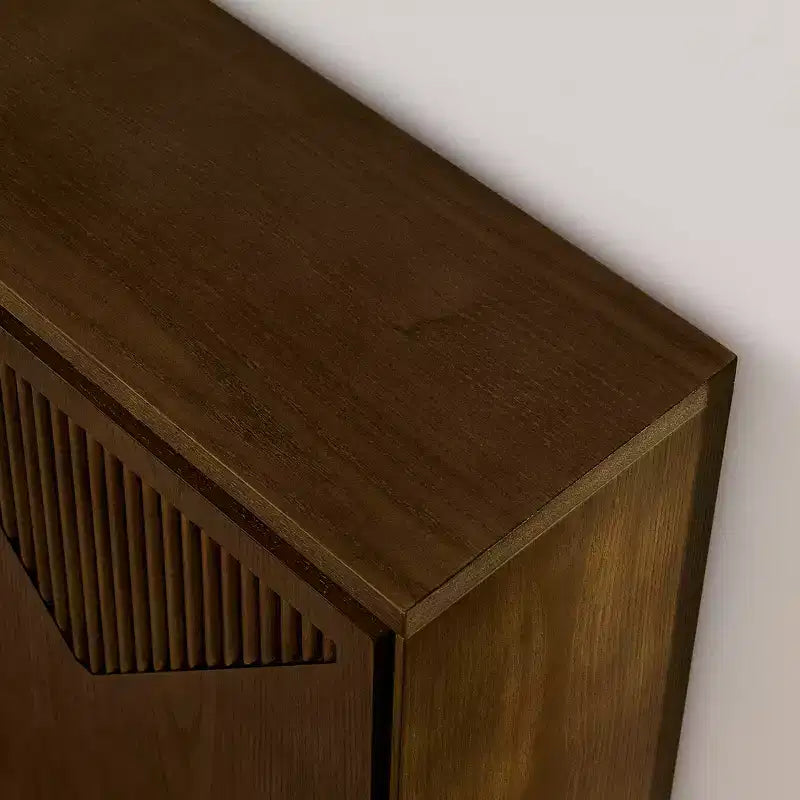Mid-Century Modern V-Shape Storage Cabinet, Narrow Buffet Sideboard with Outlet Holes, Fluted Doors & Solid Wood Base for Living Room