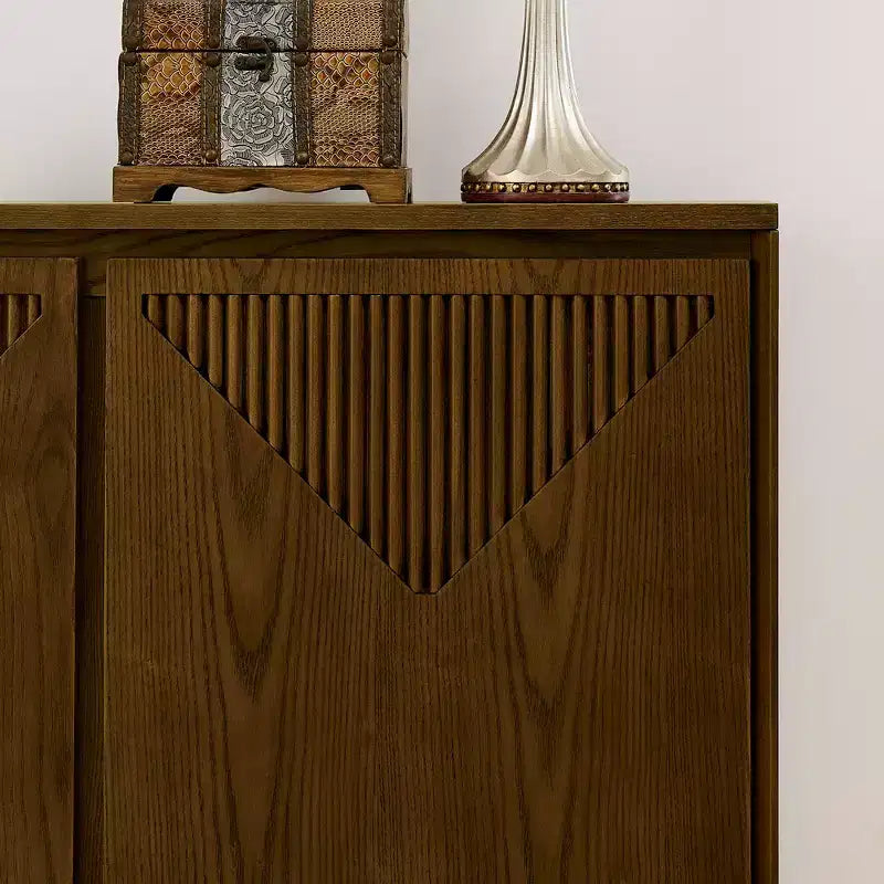 Mid-Century Modern V-Shape Storage Cabinet, Narrow Buffet Sideboard with Outlet Holes, Fluted Doors & Solid Wood Base for Living Room