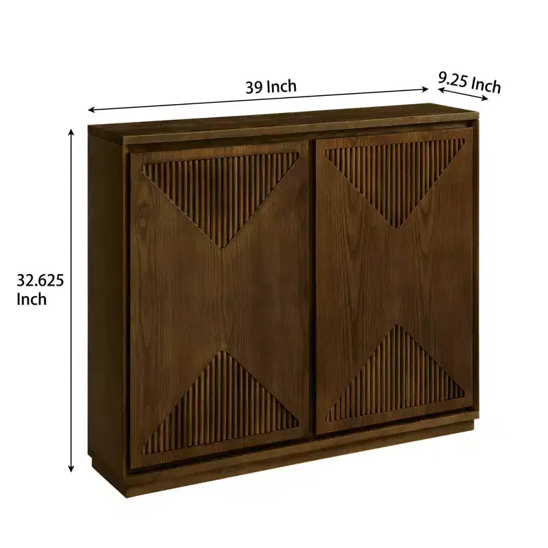 Mid-Century Modern V-Shape Storage Cabinet, Narrow Buffet Sideboard with Outlet Holes, Fluted Doors & Solid Wood Base for Living Room