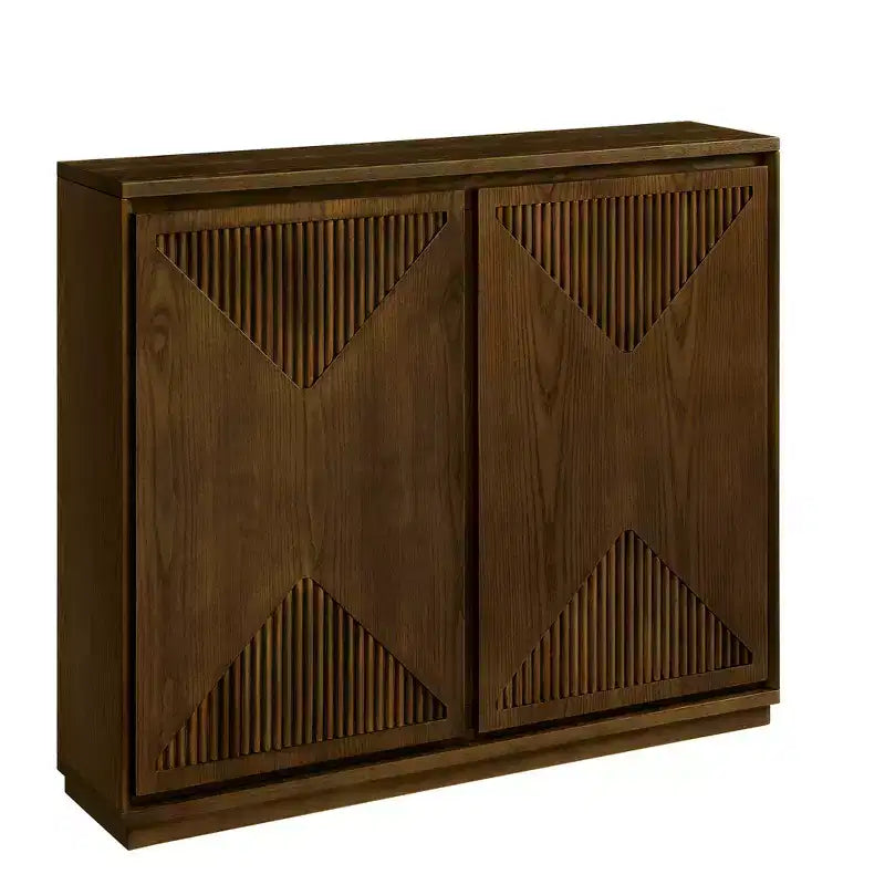 Mid-Century Modern V-Shape Storage Cabinet, Narrow Buffet Sideboard with Outlet Holes, Fluted Doors & Solid Wood Base for Living Room