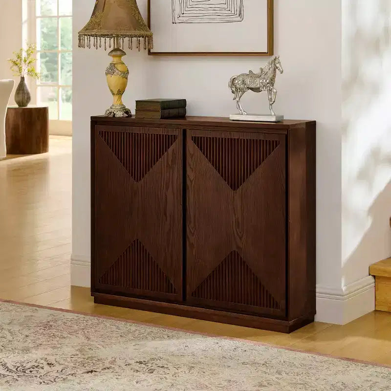 Mid-Century Modern V-Shape Storage Cabinet, Narrow Buffet Sideboard with Outlet Holes, Fluted Doors & Solid Wood Base for Living Room