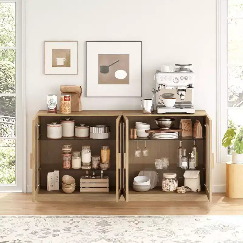 Solid Wood Modern Kitchen Pantry Sideboard with Glass DoorsVersatile Buffet Cabinet