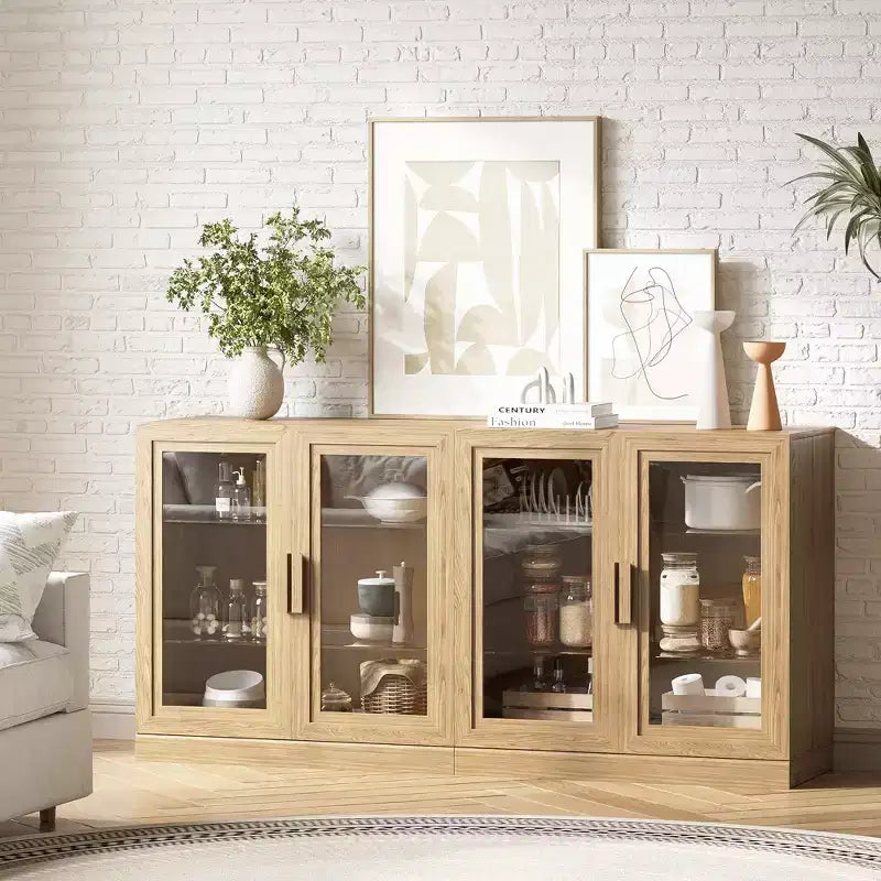 Solid Wood Modern Kitchen Pantry Sideboard with Glass DoorsVersatile Buffet Cabinet