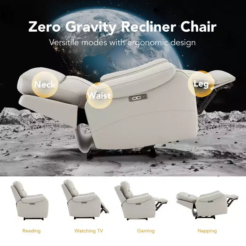 Spruce & Spring Genuine Leather Zero Gravity Power Recliner Chair with Charging Ports