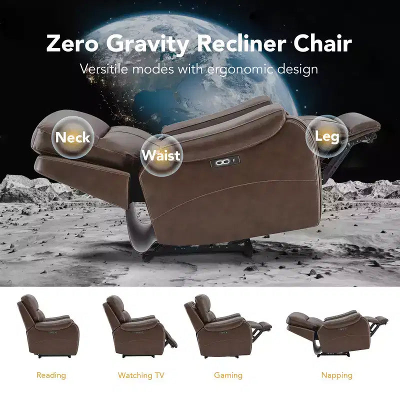 Spruce & Spring Genuine Leather Zero Gravity Power Recliner Chair with Charging Ports