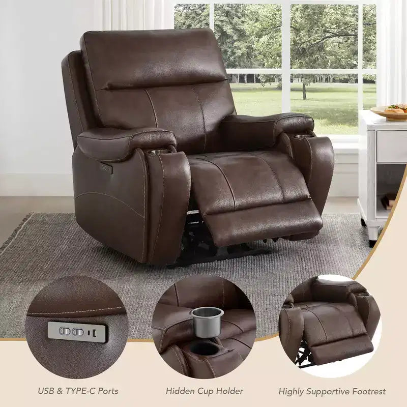 Spruce & Spring Genuine Leather Zero Gravity Power Recliner Chair with Charging Ports