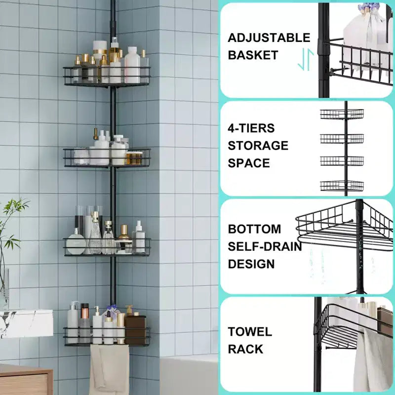 Corner Shower Caddy Tension Pole, 4 Tier Bathroom Organizer Shelves, Rustproof Bathroom Shower Organizer, 76-110 Adjustable Height