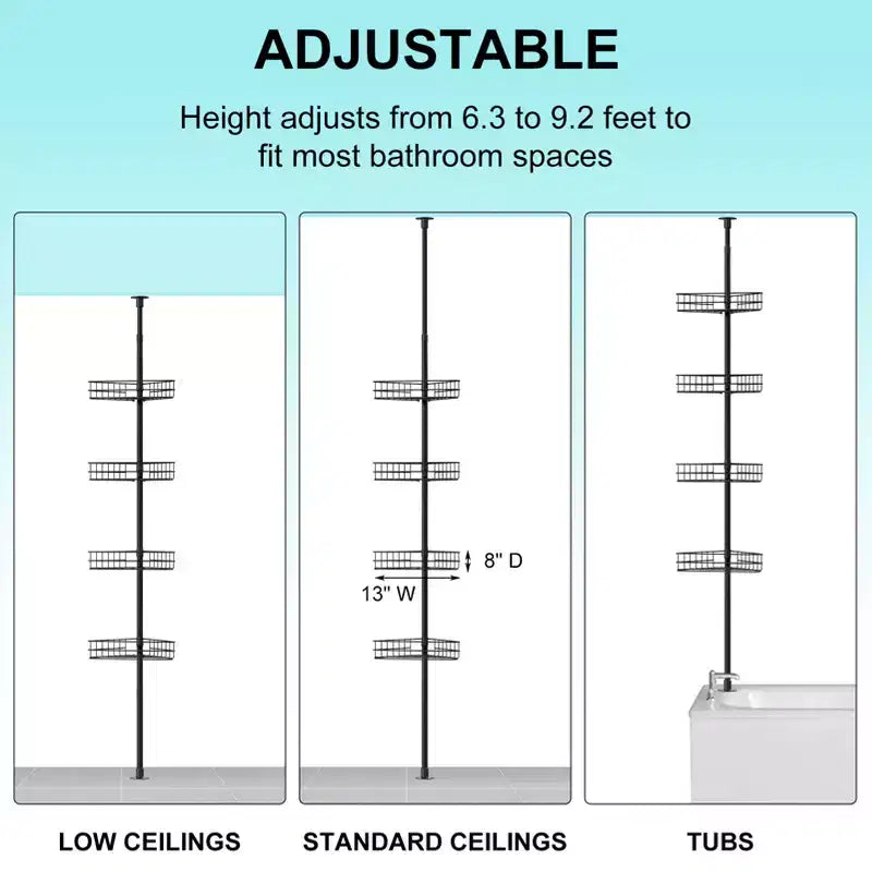 Corner Shower Caddy Tension Pole, 4 Tier Bathroom Organizer Shelves, Rustproof Bathroom Shower Organizer, 76-110 Adjustable Height