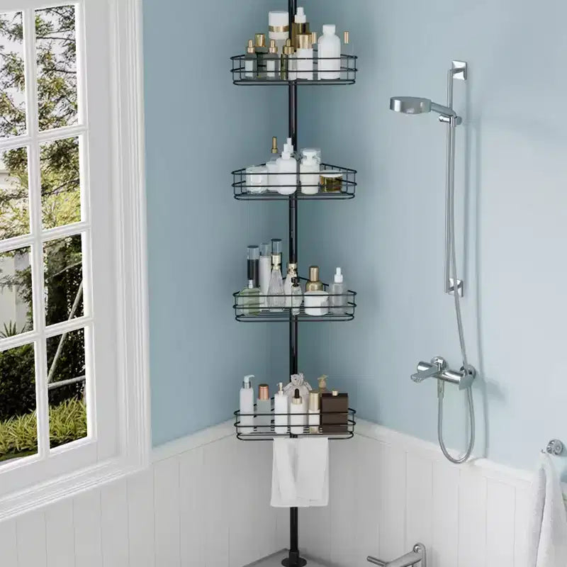 Corner Shower Caddy Tension Pole, 4 Tier Bathroom Organizer Shelves, Rustproof Bathroom Shower Organizer, 76-110 Adjustable Height