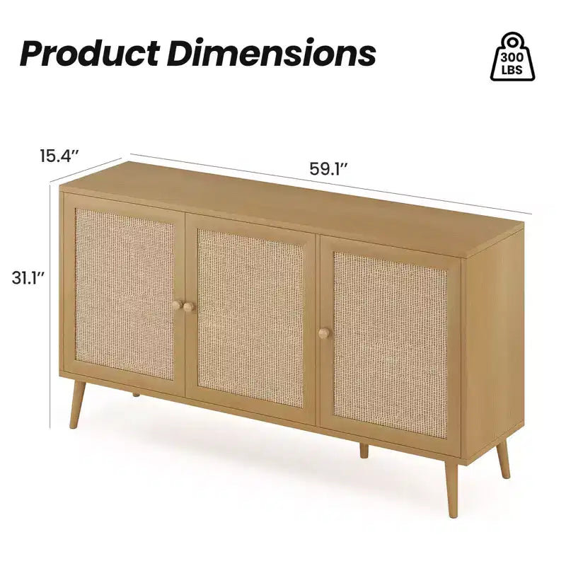 Okak Sideboard Cabinet, Buffet Cabinet with 3 Rattan Decorated Doors, Storage Cabinet for Living Room, Dining Room, Kitchen
