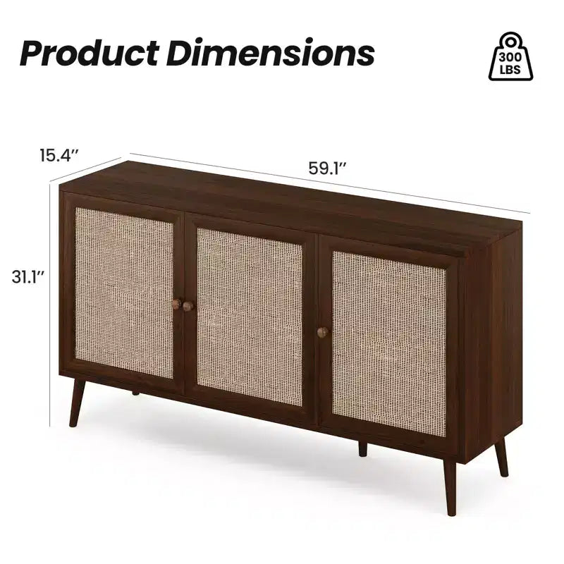Okak Sideboard Cabinet, Buffet Cabinet with 3 Rattan Decorated Doors, Storage Cabinet for Living Room, Dining Room, Kitchen