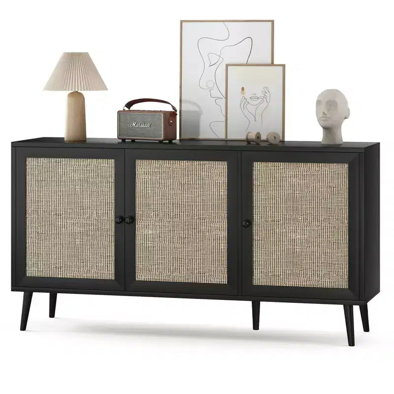 Okak Sideboard Cabinet, Buffet Cabinet with 3 Rattan Decorated Doors, Storage Cabinet for Living Room, Dining Room, Kitchen