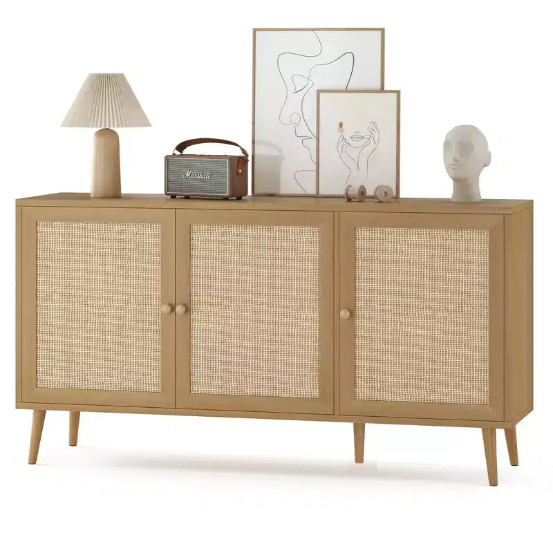 Okak Sideboard Cabinet, Buffet Cabinet with 3 Rattan Decorated Doors, Storage Cabinet for Living Room, Dining Room, Kitchen