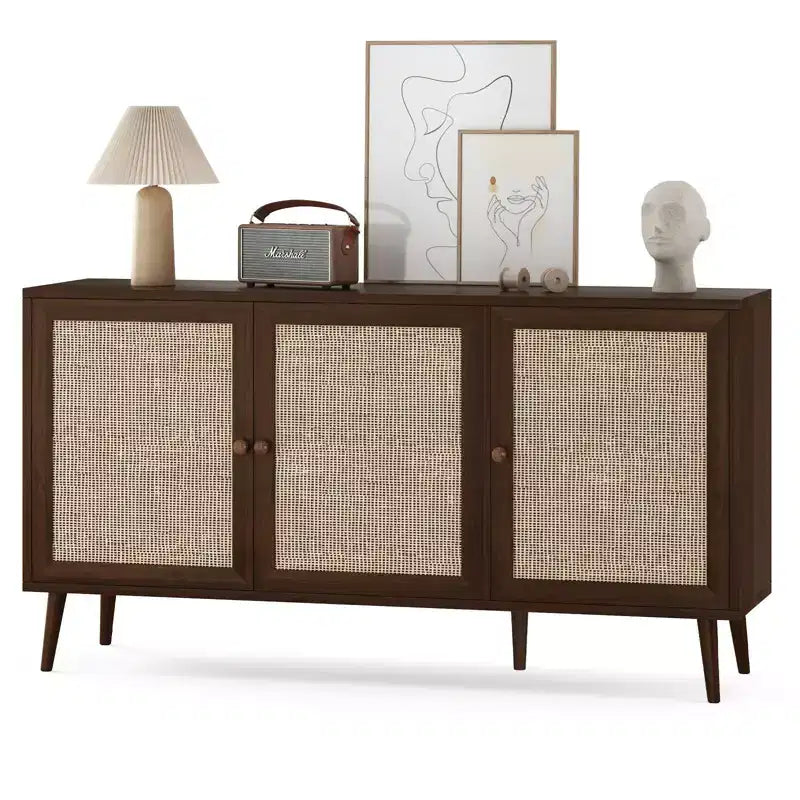 Okak Sideboard Cabinet, Buffet Cabinet with 3 Rattan Decorated Doors, Storage Cabinet for Living Room, Dining Room, Kitchen